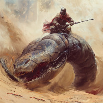 Dune's Paul Atreides riding a large Sandworm