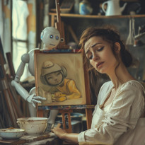 A sad woman does dishes while a robot shows her his painting
