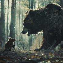 One of the first mammals faces off against a friendly bear in the woods