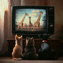 Cats and a dog watching giraffes evolve on TV