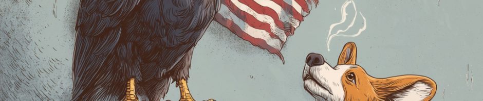 An American bald eagle gloating about air conditioning while a British corgi sweats (yes I know that dogs don't sweat, which is why they pant, but it's hard to portray a warm dog in an image)