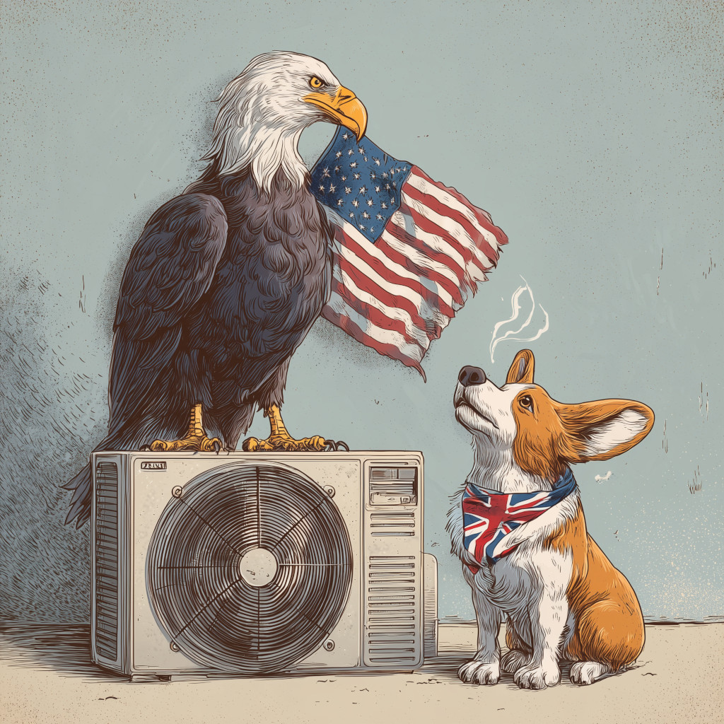 An American bald eagle gloating about air conditioning while a British corgi sweats (yes I know that dogs don't sweat, which is why they pant, but it's hard to portray a warm dog in an image)