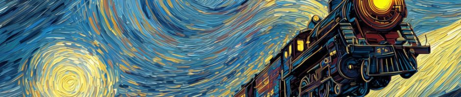 Vincent van Gogh's The Starry Night with The Galaxy Express 999 flying through the sky