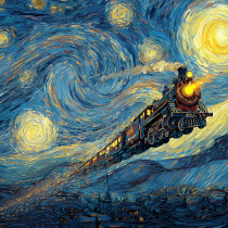 Vincent van Gogh's The Starry Night with The Galaxy Express 999 flying through the sky