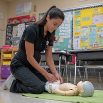 A pregnant teenager changing a diaper on a virtual infant