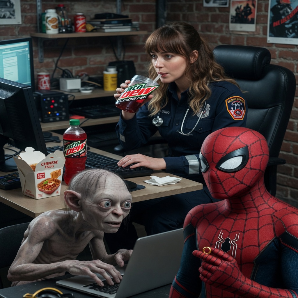 Golum hacking while Spider-Man holds The One Ring while. Madame Web drinks Mountain Dew Code Red
