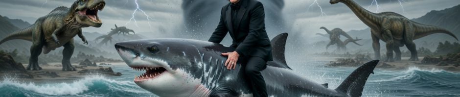 Jim Carrey clone riding a shark