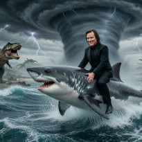 Jim Carrey clone riding a shark