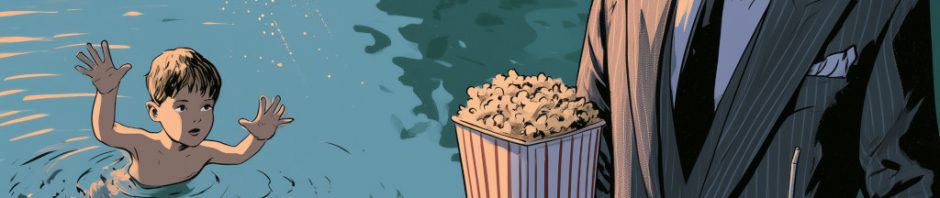 A man choses between his popcorn and drink and saving a drowning child