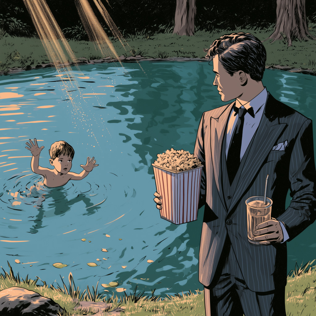 A man choses between his popcorn and drink and saving a drowning child