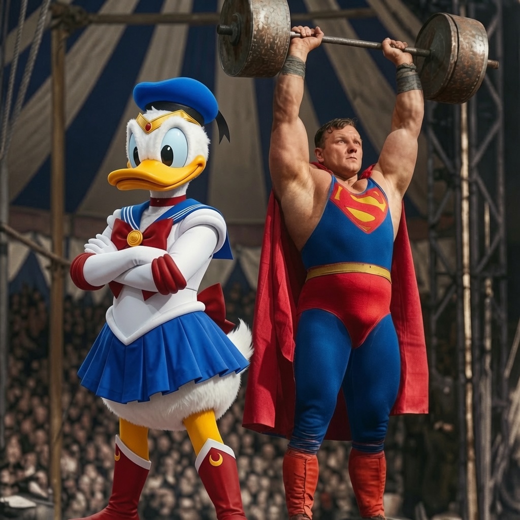 Donald Duck dressed as Sailor Moon and Superman as a circus strongman