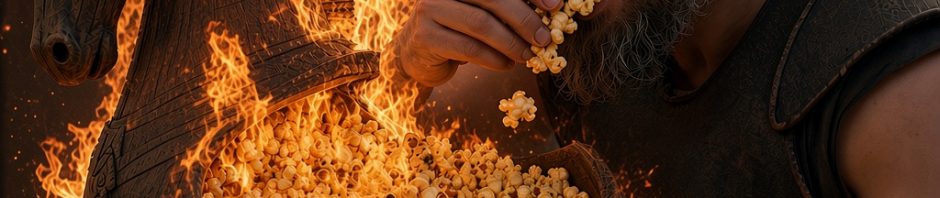 Matt Damon as Odysseus eating from a flaming Trojan Horse popcorn bucket
