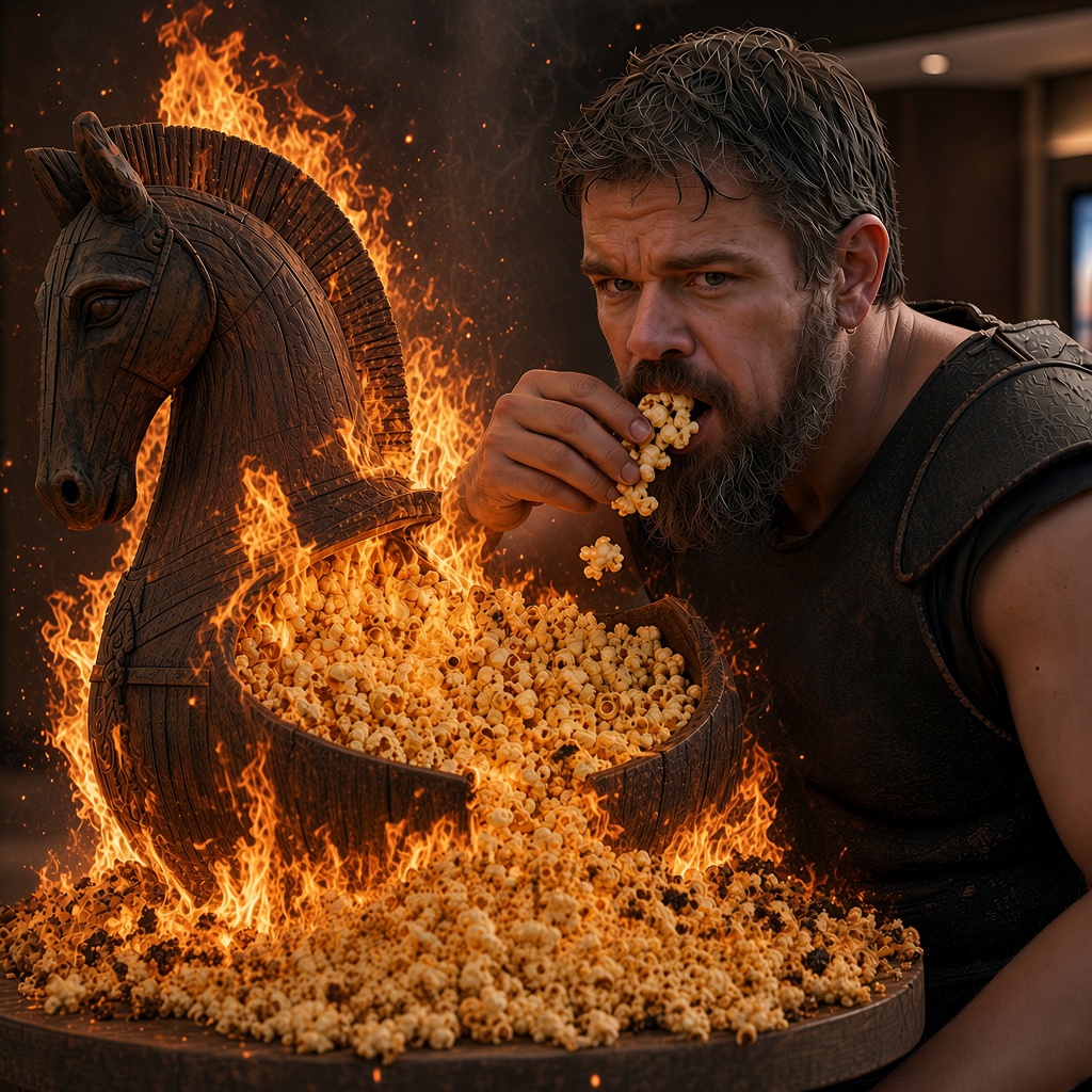 Matt Damon as Odysseus eating from a flaming Trojan Horse popcorn bucket