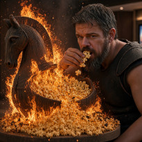 Matt Damon as Odysseus eating from a flaming Trojan Horse popcorn bucket