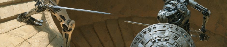 Two robots facing off in a spiral staircase