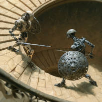 Two robots facing off in a spiral staircase